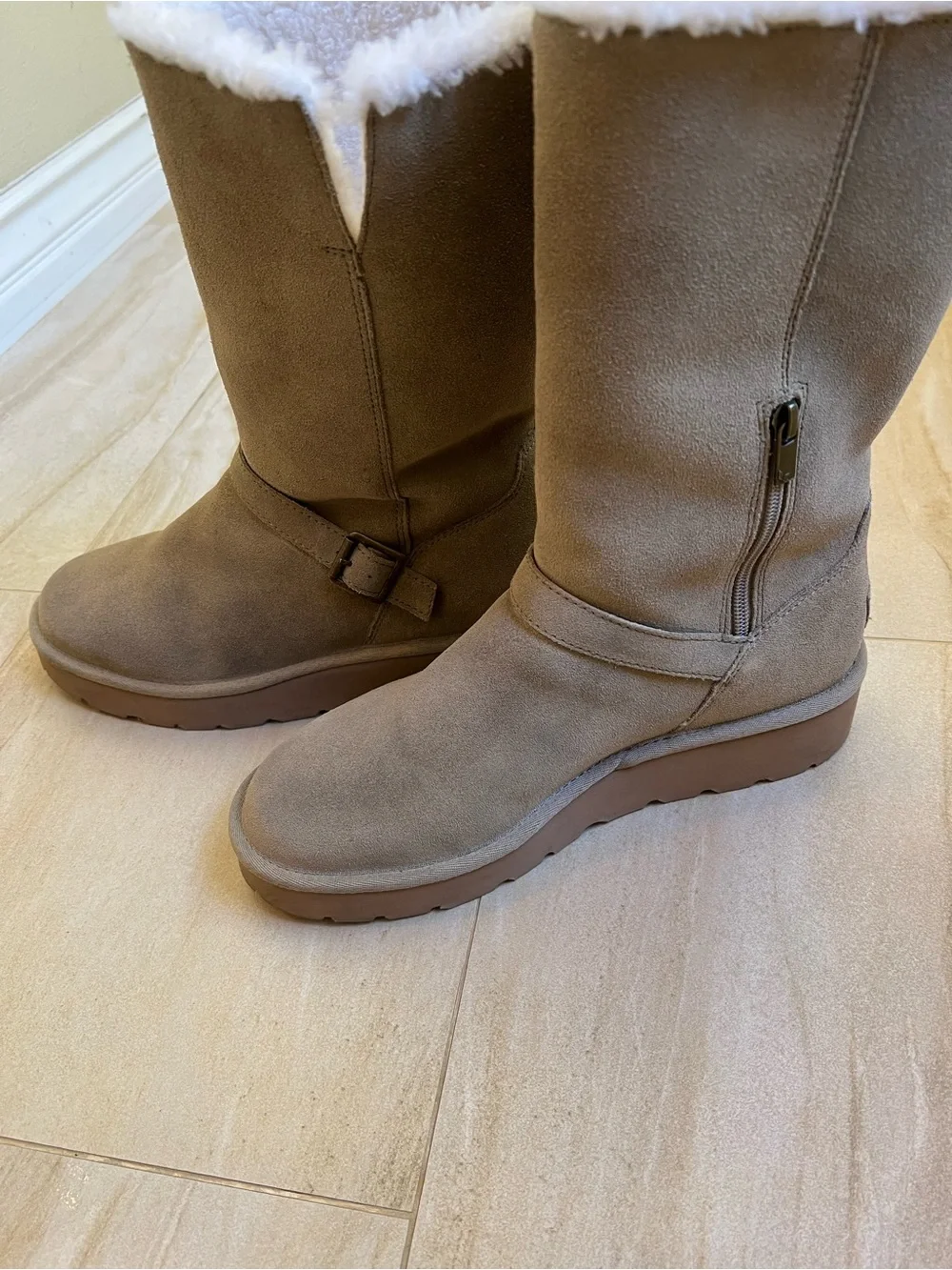 Koolaburra Taupe Suede Mid-Calf Winter Boots with White Shearling